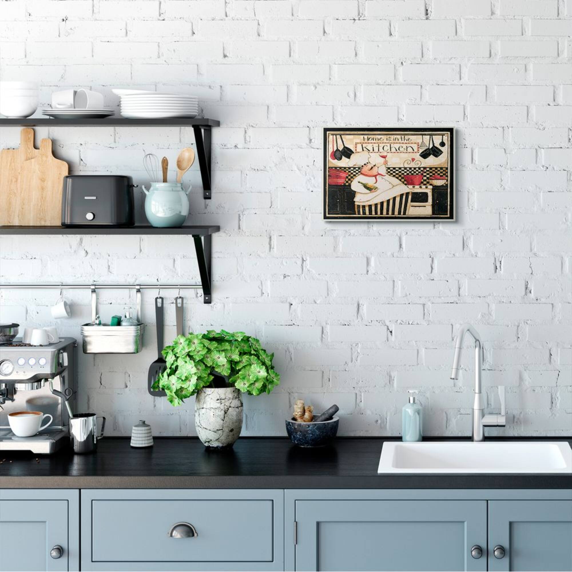 Stupell Industries Home is in the Kitchen with Happy Chef Illustration Wood Wall Plaque